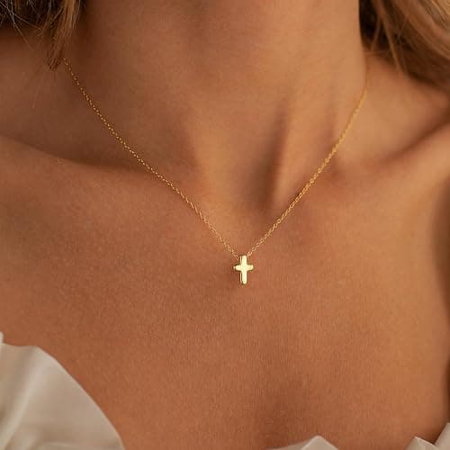 M MOOHAM Cross Necklace for Women Teen Girls, Dainty 14K Real Gold Plated Cross Pendant Necklace Sideways Cross Choker Layered Cross Necklace Gifts for Women Girls thumbnail 3