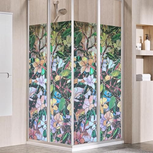JOLIHOME Sichtschutz Folie Buntglas Fensteraufkleber Klebefrei Mattiert Vinyl Folie Statisches Kleben Rollen für Dusche und Bad Wärmekontrolle Bunte Orchideen 44.5x200cm - Image 1