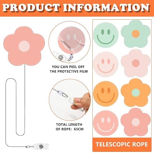 Whaline 8Pcs Preppy Flower Smile Face Badge Reel with Clips Retractable Cord Colorful Groovy ID Badge Reel Name Tag Badge Holder for Office Hospital Teachers Favor thumbnail 4