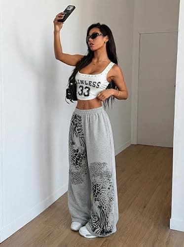 ZAFUL Womens Wide Leg Sweatpants Y2K Gothic Graffiti High Waisted Lounge Pants Athletic Joggers Pants with Pockets thumbnail 3