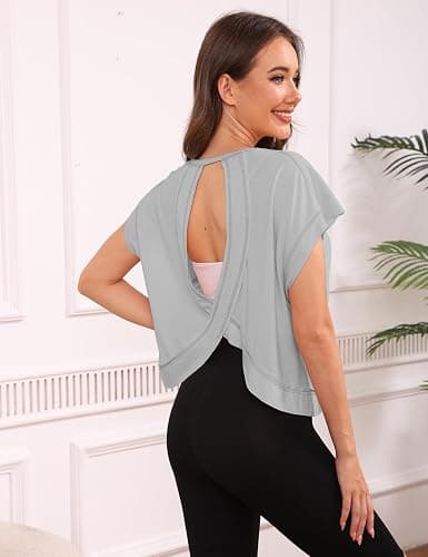 Fhniepan Open Back Tops for Women Oversized Short Sleeve Workout T Shirts Backless Y2k Athletic Crop Running Tees thumbnail 3