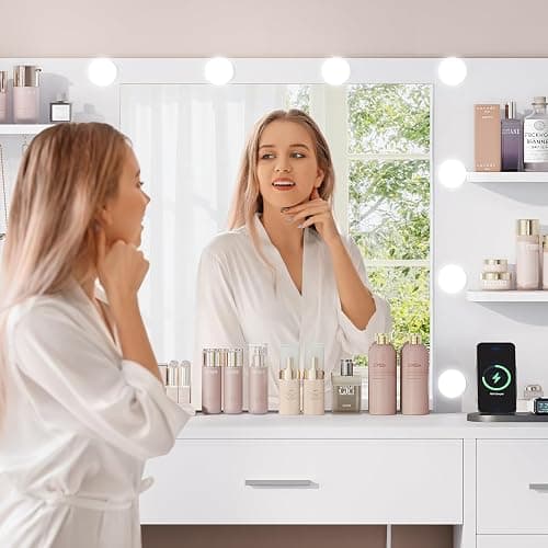 FIONESO Vanity Desk with Mirror and Lights, Makeup Vanity with 9 Drawers, 4 Shelves & 5 Jewel Hooks, White Vanity with Outlet & 3-Color Dimmable LED, Dressing Table for Women, Bedroom, White thumbnail 6