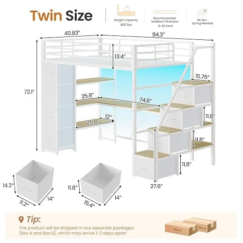 DICTAC Loft Bed Twin Size with Storage Stairs,Desk and Charging Station,Metal Twin Loft Bed with LED Lights,8 Storage Drawers,3-tier Shelves,Loft Beds for Kids,Teens,Adults with Safety Guardrail,White thumbnail 2