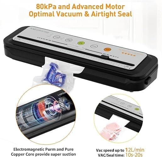 MEGAWISE 2025 Powerful Vacuum Sealer Machine | Compact Design | One-Touch Automatic | Seal in 10-20 Seconds | Dry, Moist, Wet, and Cold Modes | With 10 Vacuum Bags & Built-in Cutter (Grey) thumbnail 2