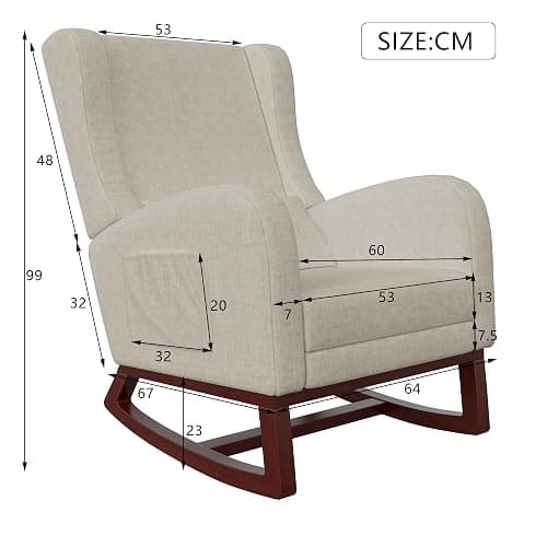 HYNHXBP Fauteuil à Bascule, avec accoudoirs et Poches latérales, Chaise d'allaitement Ergonomique avec Coussins, Structure en Bois Massif, Chaise Longue pour Salon ou Chambre (Beige + Velours Givré) thumbnail 2
