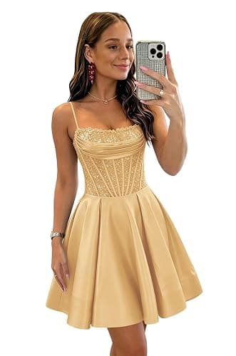 Promworld Sparkly Sequin Homecoming Dress for Teens 2026 Spaghetti Straps Satin Cocktail Party Gown Scoop Neck Mini Gown - Image 1
