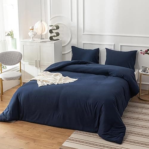 Cottonight Navy Blue Comforter Set Twin Men Boys Navy Bedding Set Dark Blue Comforter Set Breathable Soft Quilts Blanket Dark Color Modern Solid Color Pure Blue Bedding Sets for Twin Bed thumbnail 3