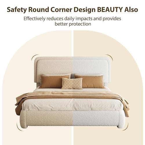 Konprosp Full Bed Frame, Teddy Velvet Boucle Bed Frame with 43.3"/45.3" Adjustable Upholstered Headboard, Rounded Corners, Mattress Foundation, No Box Spring Required, Beige thumbnail 7