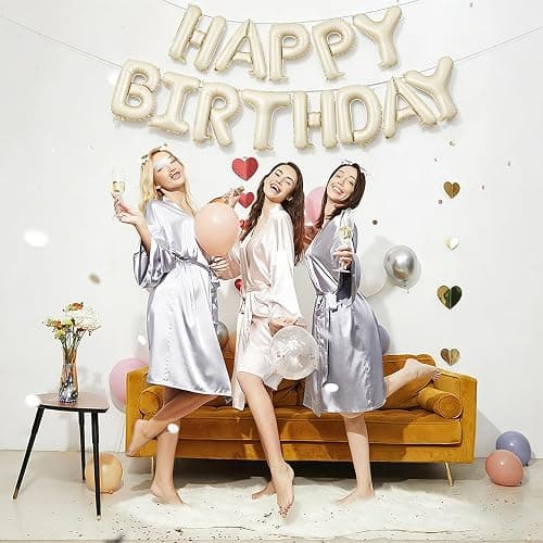 Beige Happy Birthday Ballons Banner,Happy Birthday Luftballon Girlande 16 Zoll Silver Folie Happy Birthday Folienballon Luftballon Helium Ballon Geburtstagsballon Banner für Geburtstag Party thumbnail 2