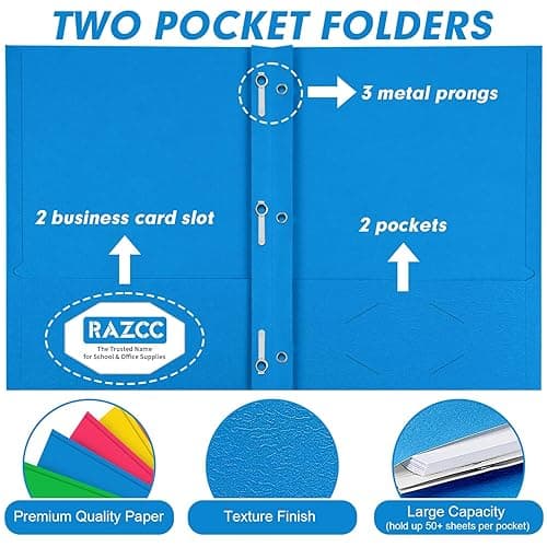Two Pocket Folders, RAZCC 100 Pack Two Pocket with Prongs, 3 Prong Folders Fit Letter Size Paper, Pocket Paper File Folders for School Office Home Business, Assorted 5 Colors thumbnail 5