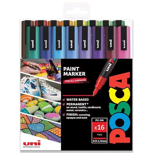 Posca Water Based Permanent Marker Paint Pen - Multi Surface Use - PC-3M 0.9-1.3mm Fine - Set of 16 Pens in Plastic Gift Wallet - Full Spectrum - Image 1