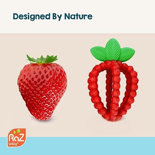 RaZbaby Bites Silicone Baby Teething Toy – Sensory Toy with Textured BerryBumps for Teething Relief, Easy-to-Hold Fruit Shape, BPA-Free, Soothes Front & Back Teeth – Gift for Babies, 3 Months+, Pink thumbnail 9