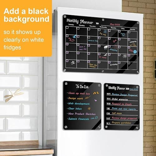 LCPCX Acrylic Magnetic Dry Erase Board for Fridge，Set of 3 Transparent Planning Boards for Monthly Calendar, Weekly Includes 6 Dry Erase Markers, 1 Eraser and Magnetic Pen Holder thumbnail 3