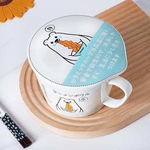TOPWCK Cute Polar Bear Microwave Ceramic Ramen Bowl with Lid, soup bowls with handles, Gift for Noodle Lovers, ramen noodle microwave cooker, ramen gift Microwave and Dishwasher Safe (Polar Bear) thumbnail 2