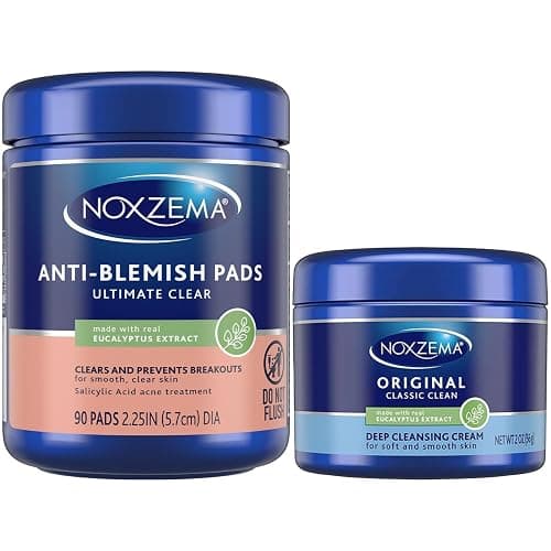 Noxzema Travel-Friendly Face Cleanser + Ultimate Clear Anti-Blemish Pads | Travel-Size Cream Cleanser + 90 Pads with 2% Salicylic Acid, Eucalyptus Tingle, Dermatologist-Tested - Image 1