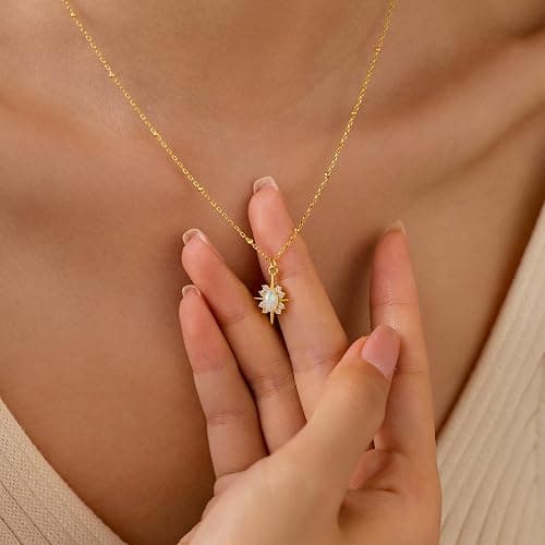 LOVECOM 925 Sterling Silver North Star Opal Necklace for Women Dainty 14K Gold Plated 12 Pointed Star Pendant Necklace Trendy Cubic Zirconia Chain Jewelry Christmas Gift for Mom Daughter thumbnail 3