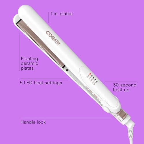 Conair Hair Straightener, Double Ceramic, 1" Extra-Long Plates | Double ceramic hair straightener for all hair types with 5 heat settings to 410°F, 30-second heat up & a claw clip thumbnail 2