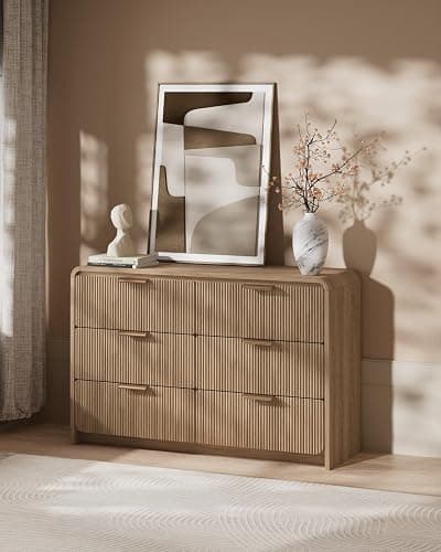 HOTALLOY 47" Wide Fluted 6 Drawer Dresser for Bedroom, Chest of Drawers with Curved Profile Design, Modern Wood Closet Clothes Storage Organizer for Bedroom, Living Room, Hallway, Light Walnut thumbnail 6