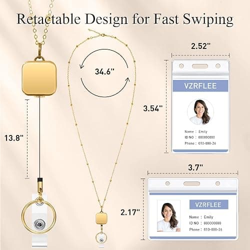 Vzrflee Retractable Badge Reel Lanyards with ID Holders, Lanyards for ID Badges New Beaded Chain Premium Stainless Steel Lanyard Necklace for Keys Office Cruise for Women thumbnail 2