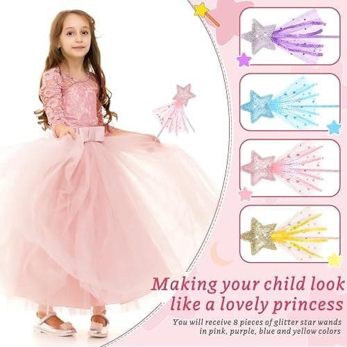 Skylety 8 Pcs Fairy Wands Star Glitter Princess Wands for Girls Kids Princess Party Favors Angel Sticks with Ribbon Costume Props for Birthday Wedding Cosplay thumbnail 6