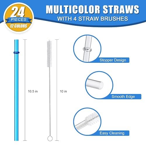 24 PCS, Reusable Straws with 4 Brushes, 10.5" Long Tritan Hard Plastic Straws, 12 Colors Translucent Replacement Drinking for 16OZ-32 OZ Tumblers, Cups, Jars, Stanley, YETI, Starbucks, BPA Free thumbnail 4
