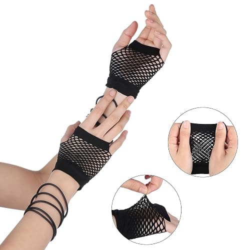 2 Pairs Fishnet Gloves For Kids - Black 80s Fingerless Fishnet Gloves | fish net gloves For Halloween Theme Party , Elastic Nylon Arm Fishnets For Costume Accessories thumbnail 4