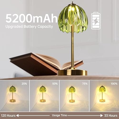 Shenmoyl Tulip Table Lamp with 5000mAh Battery & Touch Control, Cordless Small Table Lamp with 3 Colors, Dimmable Rechargeable Table Lamps for Living Room, Bedroom, Bedside, Nightstand (Green Tulip) thumbnail 2
