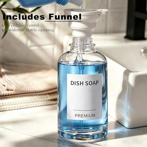 Dish Soap Dispenser for Kitchen, Hand Glass Soap Dispenser Set with Pump, Tray, Funnel for Bathroom, Shower, Laundry, Liquid, Lotion (Gold 2 Pack 18 Oz Clear Bottles with 12 Stickers) thumbnail 2