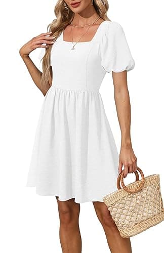OFEEFAN Women Puff Sleeve Square Neck Tie in Back Dresses with Zipper - X-Small - A White thumbnail 4