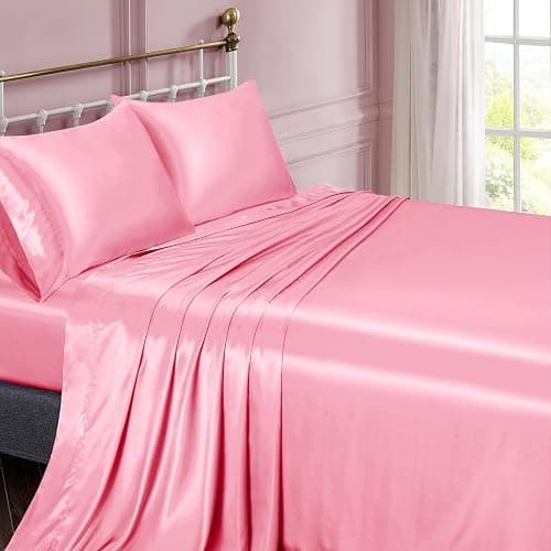 Vonty Satin Sheets Full Size Silky Soft Satin Bed Sheets Bright Pink Sheet Set, 1 Deep Pocket Fitted Sheet + 1 Flat Sheet + 2 Pillowcases thumbnail 2