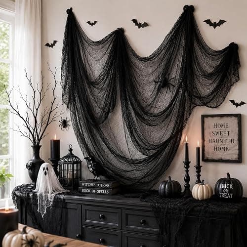 5 Pcs Black Halloween Gauze Creepy Cloth Fabric Tapestry Decor Decorations | 72 x 30 inch Black Halloween Decor, Indoor Outdoor Spooky Halloween Decorations for Home Wall Party Table Yard Haunted House thumbnail 6
