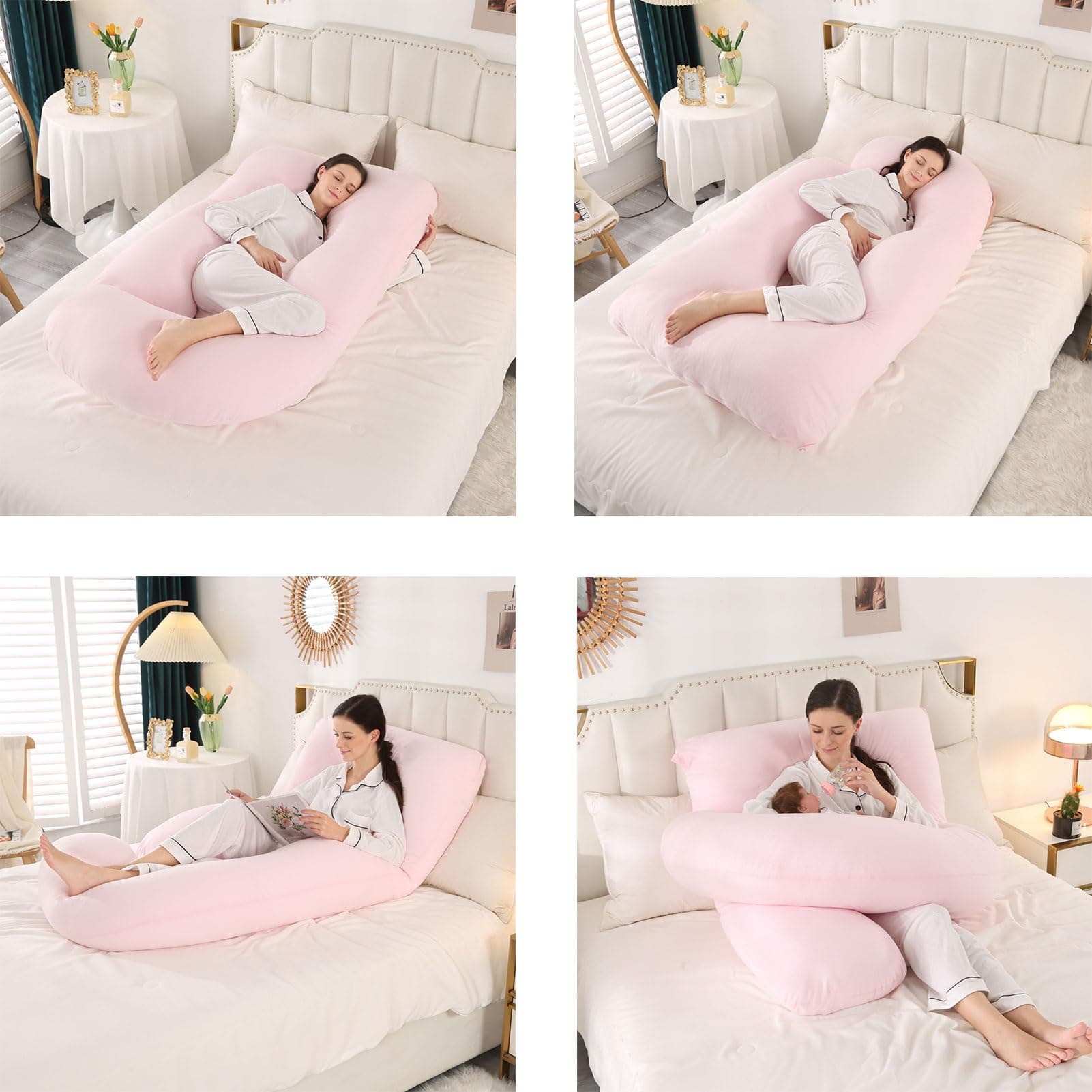 Pregnancy Pillow, Maternity Full Body Pillow for Back, Legs and Belly Support, J Shaped Full Body Pillow for Pregnant Women and Side Sleepers with Removable Cover (Knitted Cotton, Pink) - Pink thumbnail 4