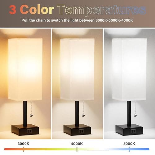 White Bedside Lamps for Bedroom Set of 2 - Small Rectangular Nightstand Lamp with AC Outlet Charging Port, 3 Color Temperatures Desk Light with Bulb, Tabletop Reading Lamp for Living Room/Dorm/Office thumbnail 2