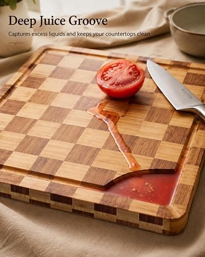 Checkered Cutting Board Set with Holder, Set of 3 End Grain Butcher Block Boards for Kitchen, Bamboo Serving Board with Handle for Cheese, Charcuterie, Meat, Fruit and Meal Prep thumbnail 7