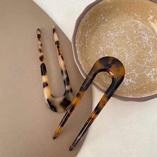2 Pack Benefree French Style Cellulose Acetate Tortoise Shell U Shaped Hair Pins Fork 2 Prong Updo Chignon Pin for Women Girls Hairstyle Accessories（Tortoiseshell and White Tortoiseshell) thumbnail 2