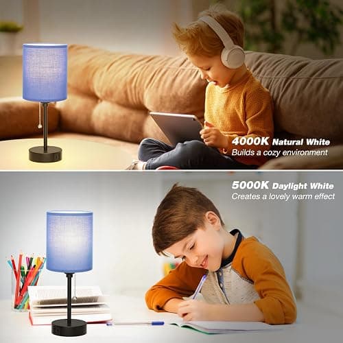 Small Bedside Table Lamp for Bedroom - Desk Lamp with USB Ports for Dorm | USB A+C Ports, AC Outlet, 3 Color Temperatures, LED Bulb Included, Navy Blue Shade, Matte Black Base, 14" Night Stand Lamp thumbnail 7