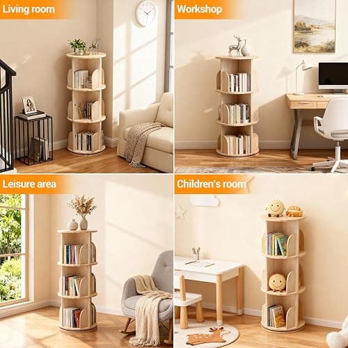 Bibliothèque rotative à 360 ° - En bois massif - Étagère sur pied - Multifonction - Étagère de rangement pour enfants et adultes - 3 étages - Diamètre : 39 cm - Hauteur : 98 cm thumbnail 5