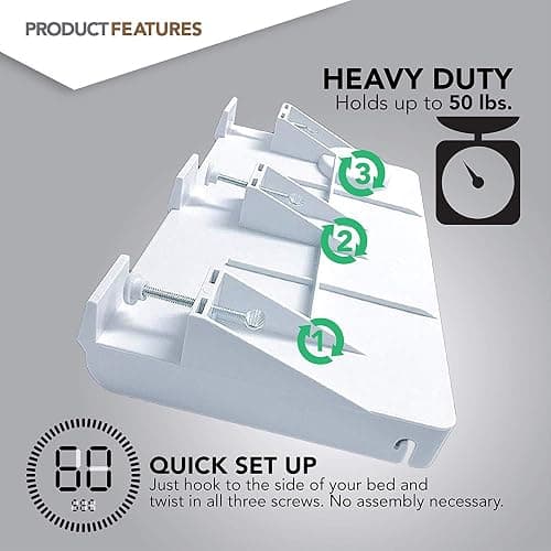 Modern Innovations Bedside Shelf for Bed, College Dorm Room, Bunk Bed Shelf/Caddy for Top Bunk, Clip On Nightstand Tray with Cord and Cup Holder for Table Storage (White) - White thumbnail 5