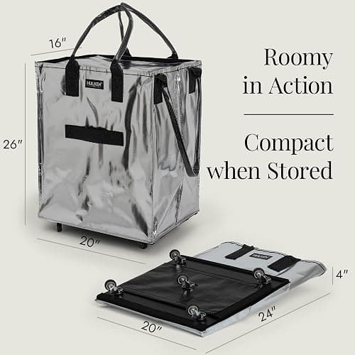 (Large, Silver) Reusable Grocery Bag On Wheels, Shopping Trolley, Rolling Tote, Zipper Closure, Lightweight, Carries Up to 66 lb, Folds Flat, Unbreakable Handles thumbnail 4