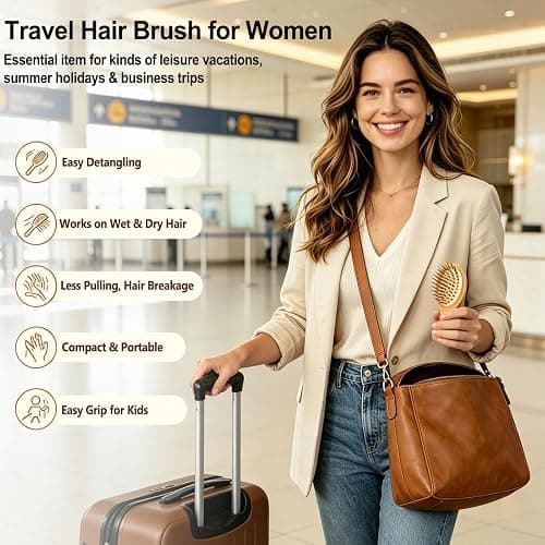 Mini Travel Hair Brush for Detangling Curly, Thick, Wet and Dry Hair | Small Compact Bamboo Brush for Women Girls, Easily Removes Knots; Travel Must-Have for Purse, Car, Office, Gym, Beach & Trips thumbnail 5