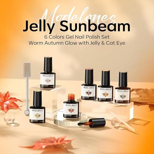 Modelones Gel Nail Polish, 6 Colors Fall Wine Brown Orange Green Jelly Gel Polish Yellow Gold Glitter Cat Eye Nail Polish with Magnet and Wooden Stick Soak Off LED Manicure Kit DIY Gift thumbnail 7