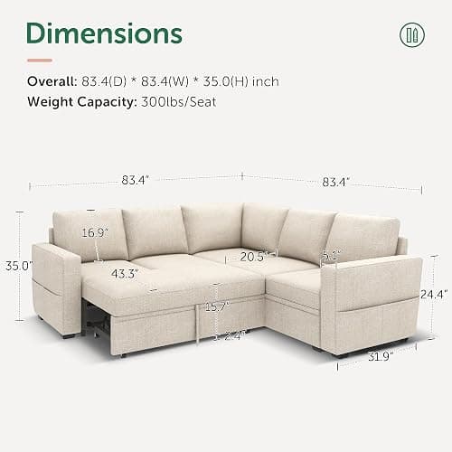 HONBAY Modular Sectional Sleeper Sofa with Pull Out Bed, L Shaped Couch with Storage Seat, Convertible Sectional Couches for Living Room, Beige thumbnail 2