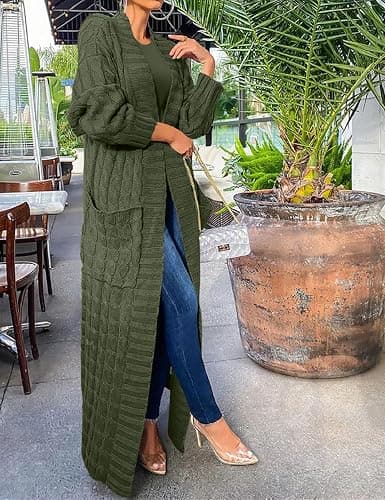 HRESSLBD Womens Thin Stylish Cable Knit Dual Extra Long Maxi Cardigan with 2-Pockets thumbnail 5
