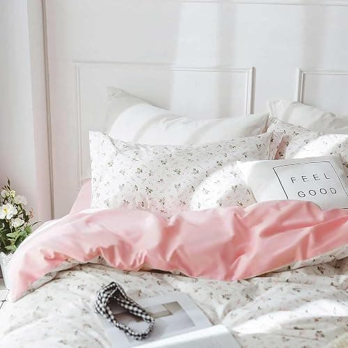 Faincy Floral Twin Size Comforter Set, Pink White Flower Leaf Pattern Printed Preppy Reversible Alternative Bed Sets - 68 x 90 2PC Soft Microfiber Duvet Vintage Bedding in a Bag for Women Girls thumbnail 5
