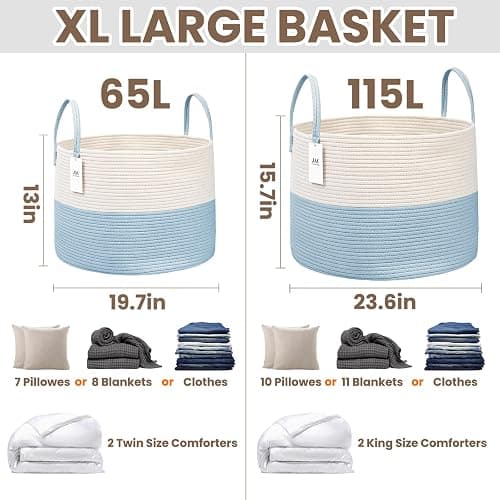 JMvicyroam Woven Blanket Basket,65L Large Rope Storage Bin with Handles, Organizer for Blankets Toys Book and Clothes, Laundry Basket for Living Room Bedroom Nursery,White&Blue thumbnail 2