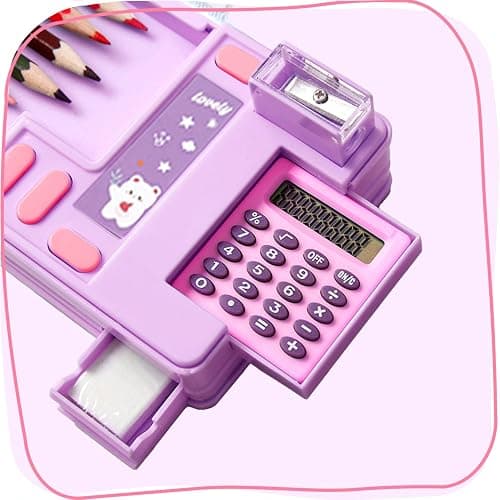 LilyBeauty Multifunction Pencil Case with Calculator, Pencil Sharpener and Curriculum, Multiple Cute Patterns, Suitable for Elementary School Girls, Boys, Great Gifts for Kids (Purple) thumbnail 4
