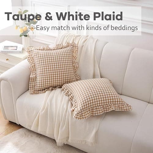 K MASANIJI 2 Pack Taupe White Plaid Ruffle Gingham Throw Pillow Covers, 100% Washed Cotton Checkered Fall Decorative Farmhouse Pillow Shams - 18''x18'' thumbnail 2