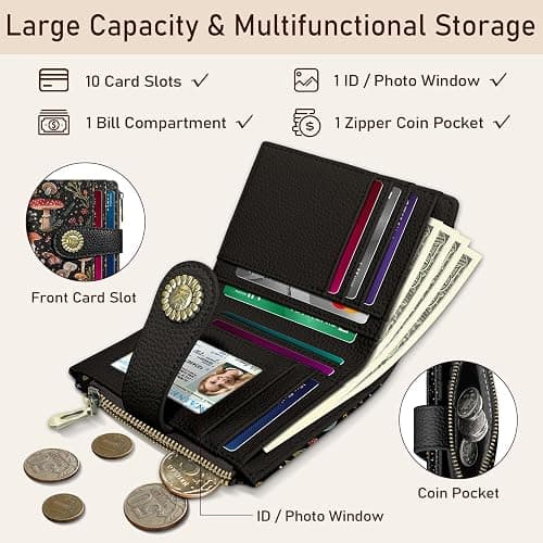 Kelvoris Mushroom Moon Night Small Rfid Women Wallet Bifold Zipper Coin Pocket PU Leather Compact Cash Credit Card Holder Travel Wallet for Female Ladies Teen Girls 1 ID Window 10 Card Slots thumbnail 4