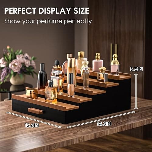 Sephyroth Cologne Organizer 5 Tier of Elegant Bamboo Perfume Organizer for Men with Hidden Storage and Practical Drawer, Perfect for Cologne Display & Gift (5T-BlackWalnut) thumbnail 2