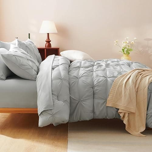 CozyLux Full Size Comforter Sets Light Grey, 7 Pieces Pintuck Bed in A Bag Gray Comforter Full Size, Pinch Pleat Bedding Sets with All Season Comforter, Sheets, Pillowcases & Shams thumbnail 9